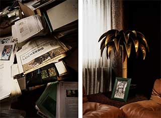 [Links:] In einem Nebenraum stapeln sich Akten, Beweisstücke und Zeitungsausschnitte. [Rechts:] Im Büro der Mebo ist der längst gestürzte libysche Machthaber Muammar al-Ghadhafi bis heute omnipräsent.